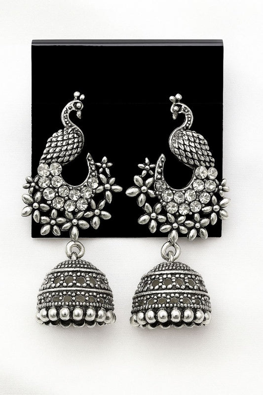 Oxidized Antique Silver Jhumka Earrings for Women | Traditional Peacock Design | Ethnic Party Wear Jewellery