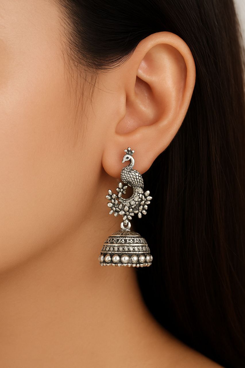 Oxidized Antique Silver Jhumka Earrings for Women | Traditional Peacock Design | Ethnic Party Wear Jewellery