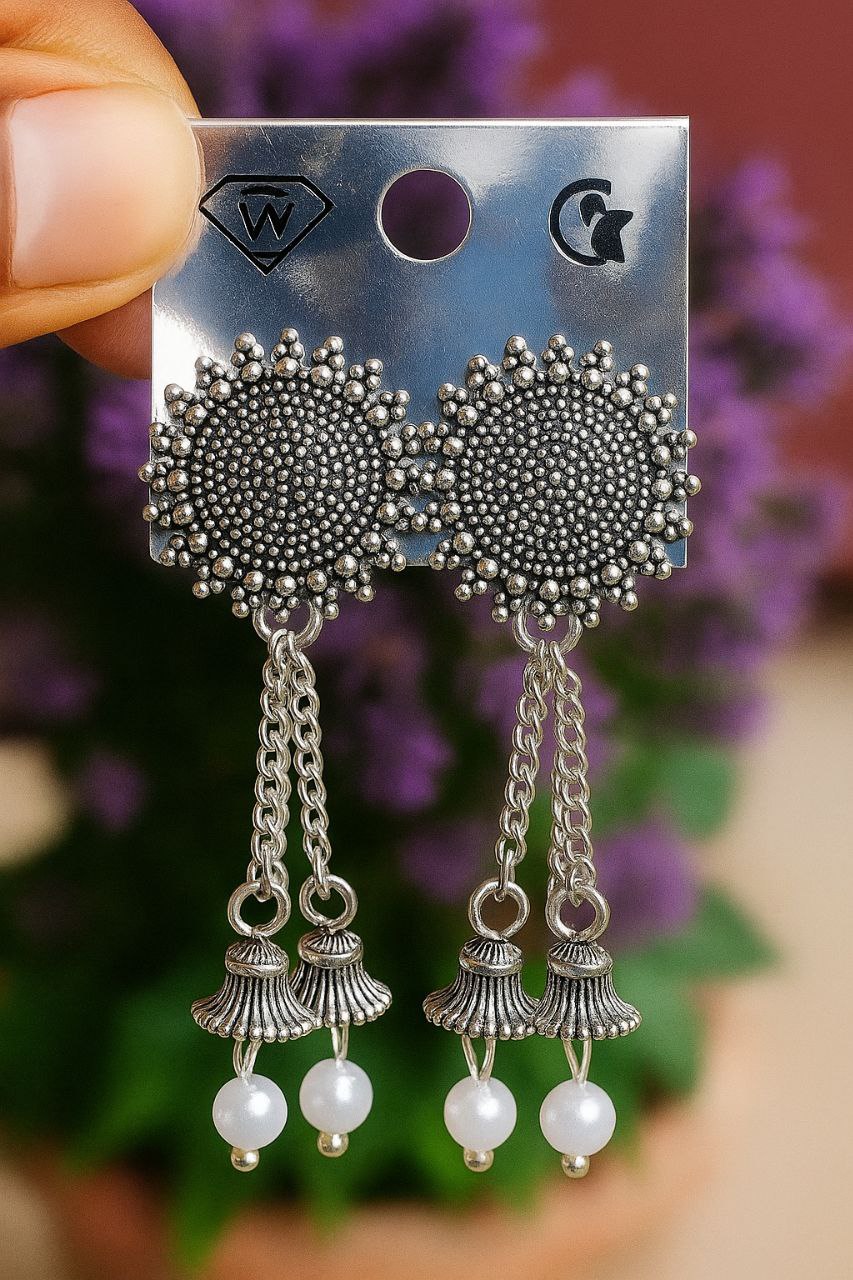 Elegant Oxidized Silver Chain Jhumka Earrings with Pearl Drops