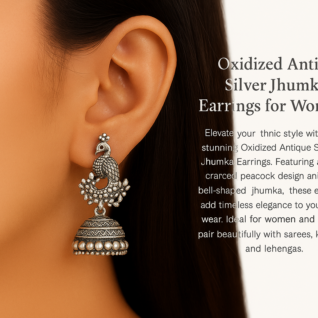 Oxidized Antique Silver Jhumka Earrings for Women | Traditional Peacock Design | Ethnic Party Wear Jewellery