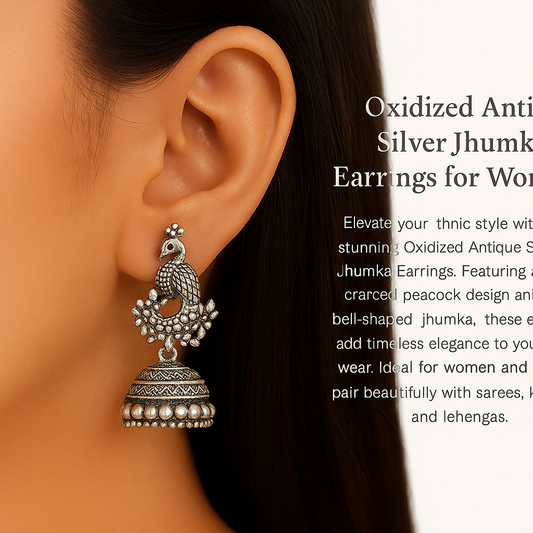 Oxidized Antique Silver Jhumka Earrings for Women | Traditional Peacock Design | Ethnic Party Wear Jewellery