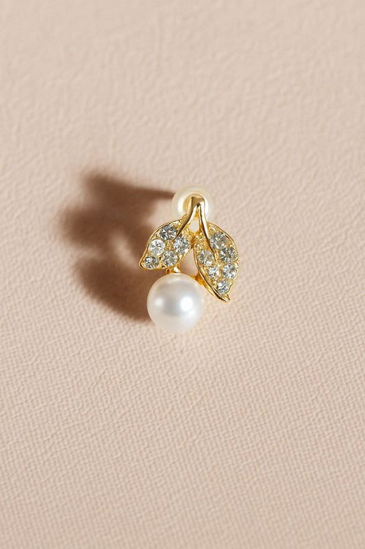 Elegant Gold-Tone Leaf Design Pearl Stud Earrings with Crystal Accents