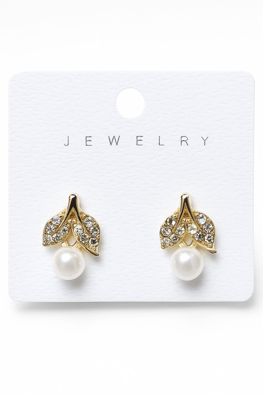 Elegant Gold-Tone Leaf Design Pearl Stud Earrings with Crystal Accents