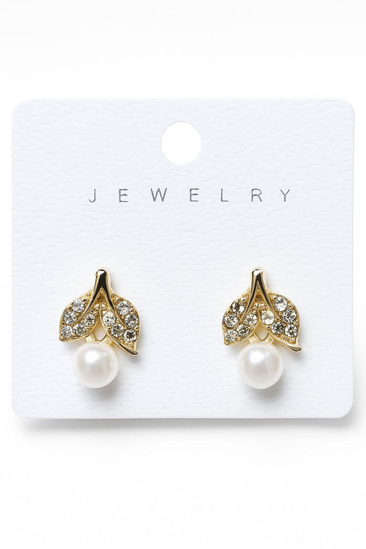 Elegant Gold-Tone Leaf Design Pearl Stud Earrings with Crystal Accents