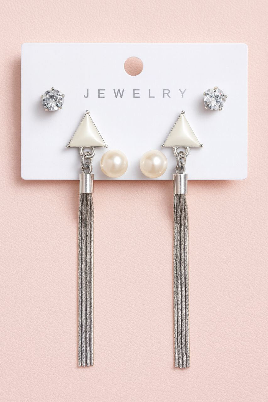 Korean Silver Long Tassel Earrings set 3