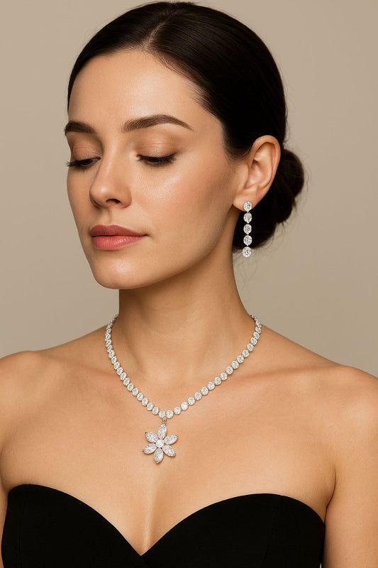 Elegant Crystal Flower Necklace & Earring Set for Women