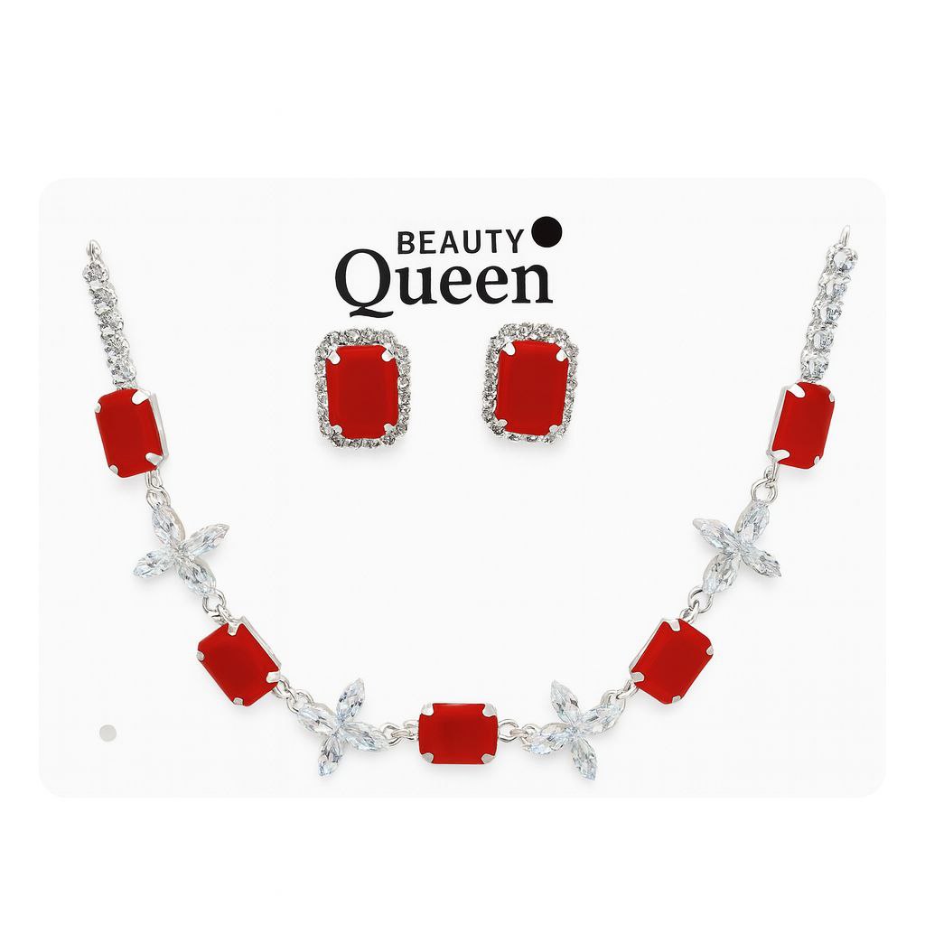 Red Square Crystal Statement Necklace & Earring Set