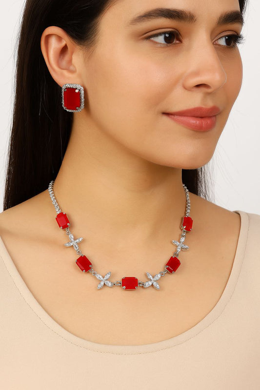 Red Square Crystal Statement Necklace & Earring Set