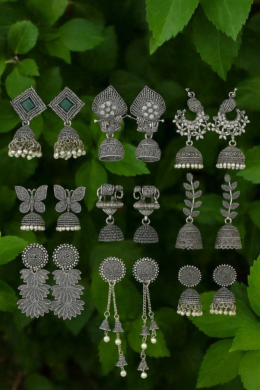 Premium Oxidized Silver Earring Set – Traditional & Trendy Jhumka Collection for Women (Pack of 9)