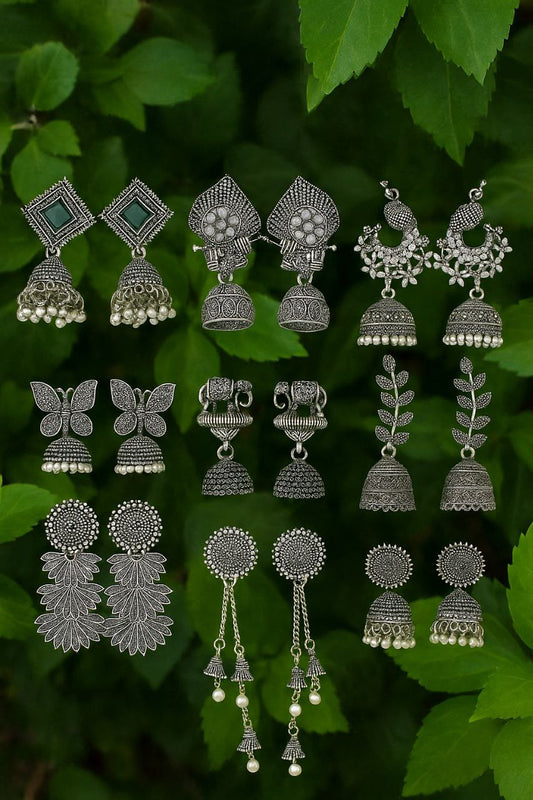 Premium Oxidized Silver Earring Set – Traditional & Trendy Jhumka Collection for Women (Pack of 9)