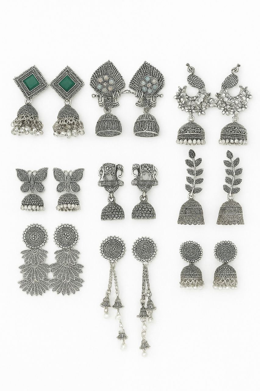 Premium Oxidized Silver Earring Set – Traditional & Trendy Jhumka Collection for Women (Pack of 9)