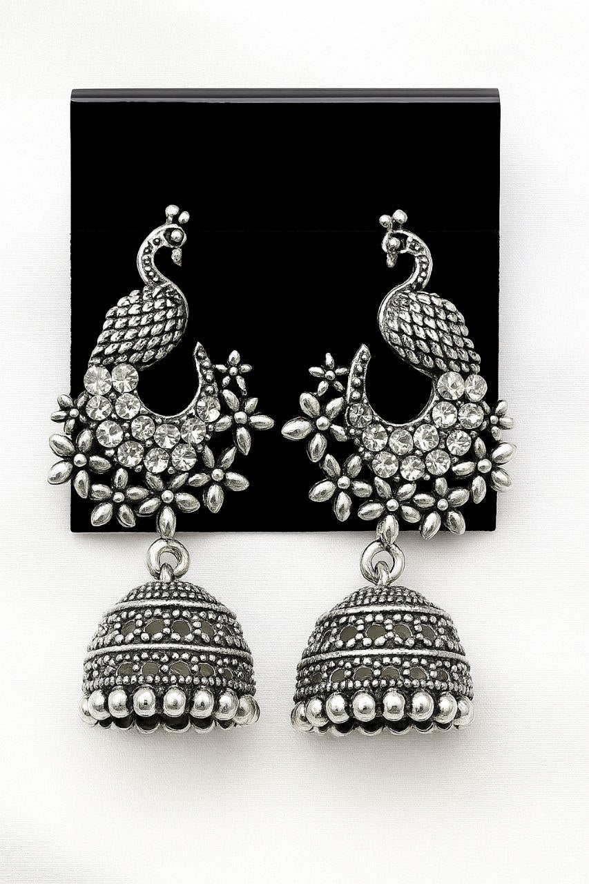 Oxidized Antique Silver Jhumka Earrings for Women | Traditional Peacock Design | Ethnic Party Wear Jewellery