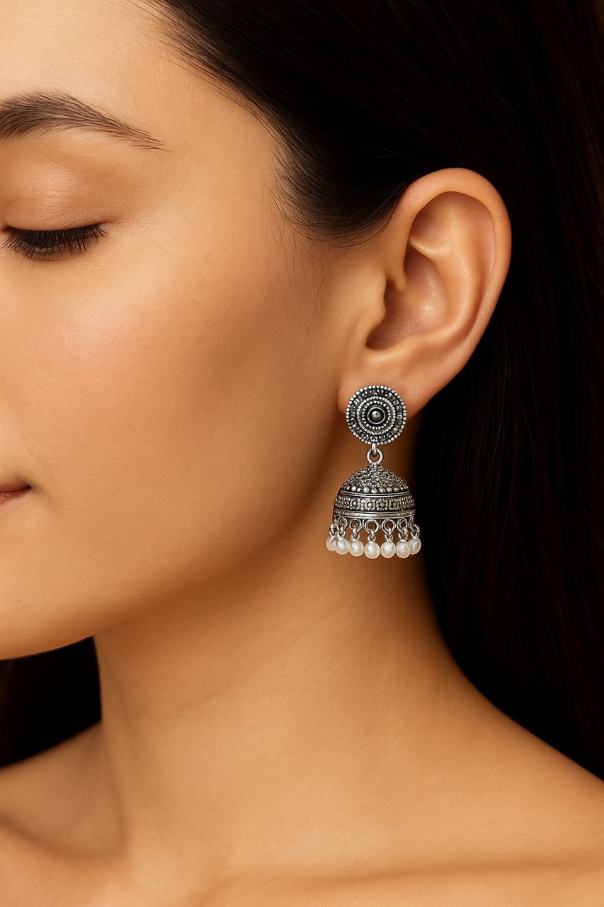 Elegant Silver-Toned Oxidized Jhumka Earrings for Women