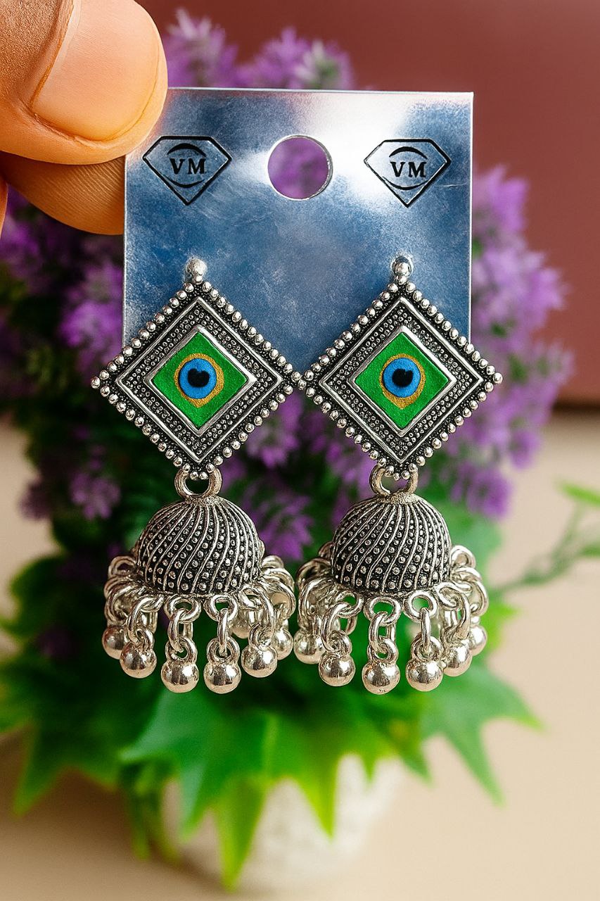 Oxidized Peacock Green Square Jhumka Earrings