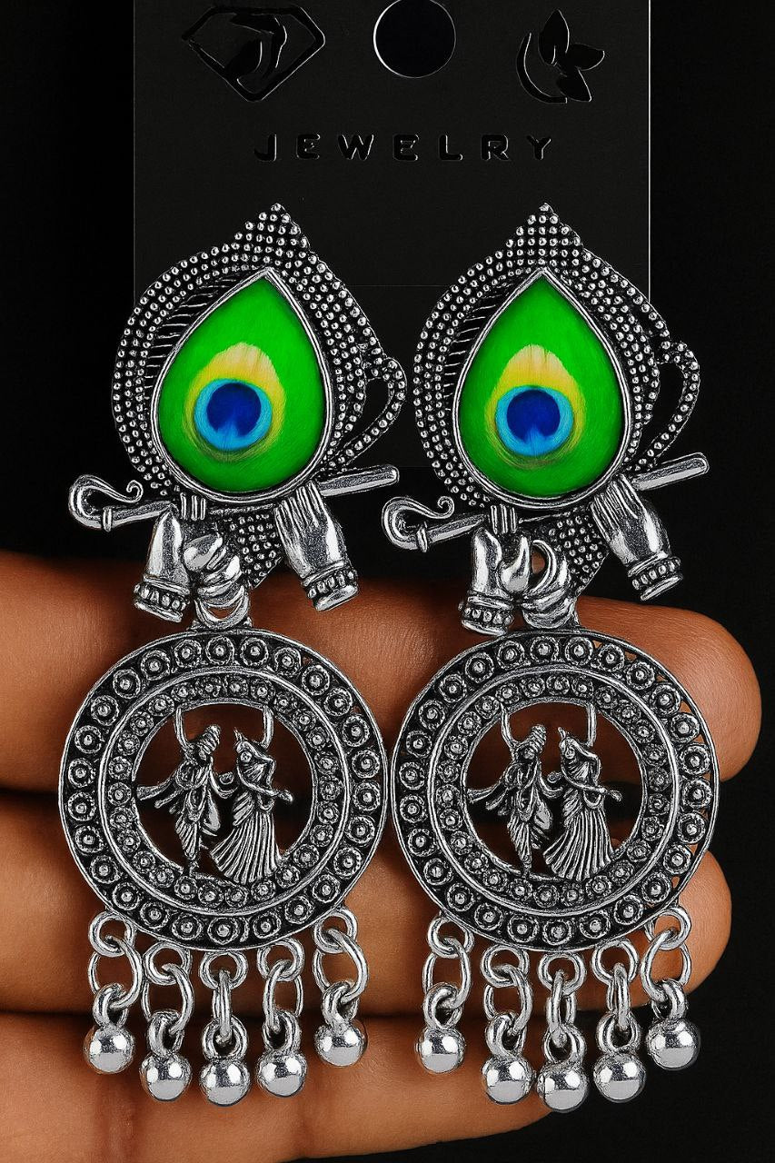 Silver Peacock Feather Radha Krishna Jhumka Earrings for Women & Girls